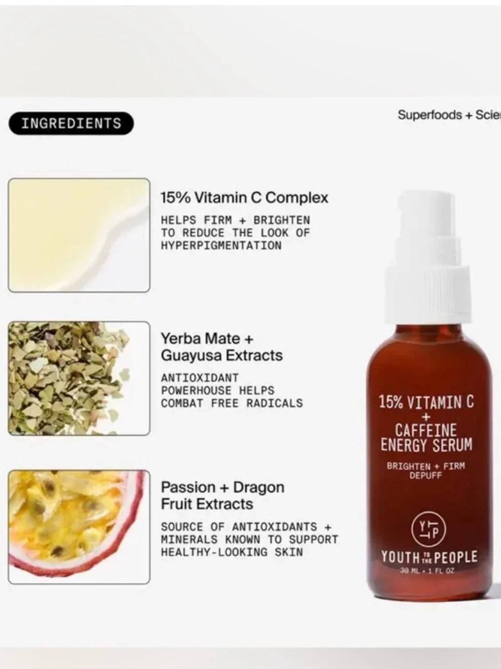 Youth To The People 15% Vitamin C + Caffeine Energy Serum - NEW